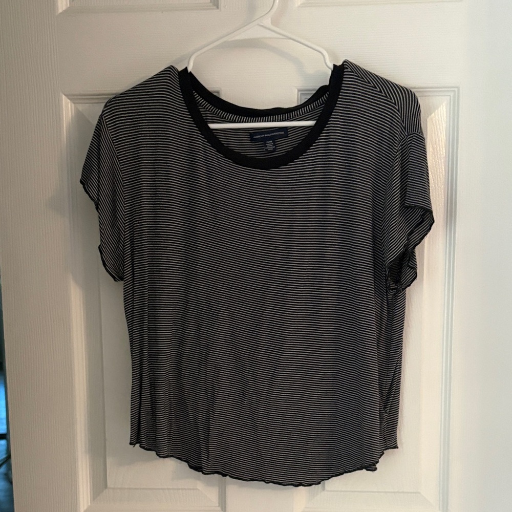 American Eagle Women's Black & White Striped Crewneck Tee